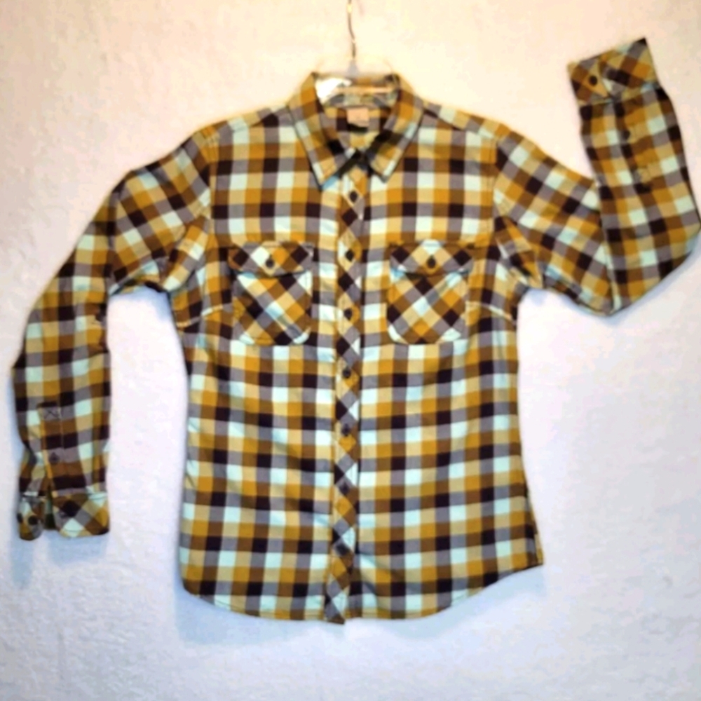 Duluth Trading Long Sleeve Purple & Gold Plaid Flannel Top Shirt